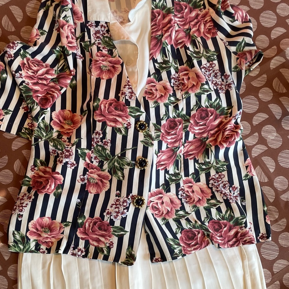 Striped Floral Blazer Pantsuit Jacket - Pink Floral on Navy & White